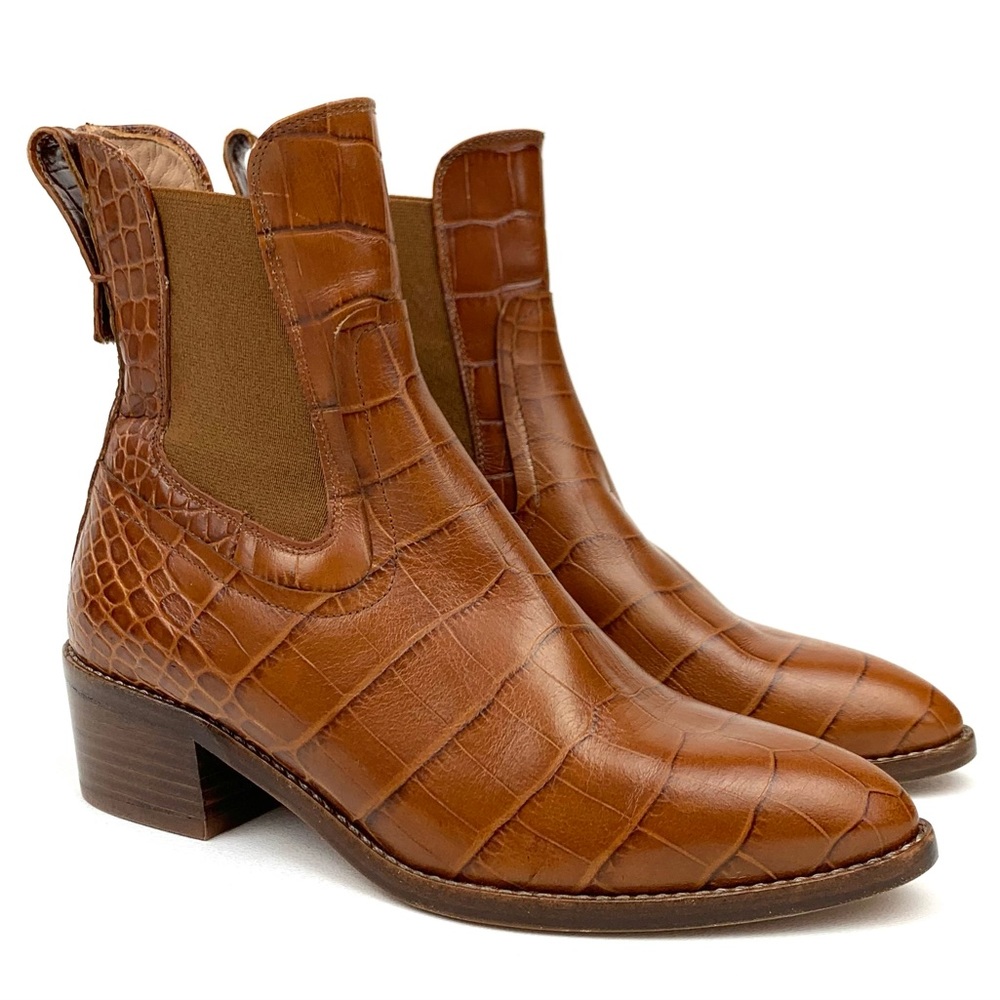 Veronica Beard Boots Chelsea Ankle Crocodille Tan Leather Wells Bootie Size 6